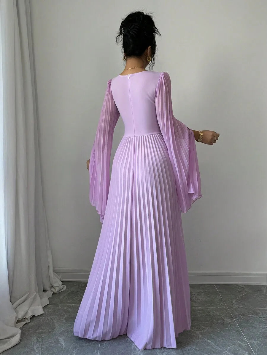 Lavender V-Neck Pleated Maxi Dress with Bell Sleeves Elegant Formal Gown